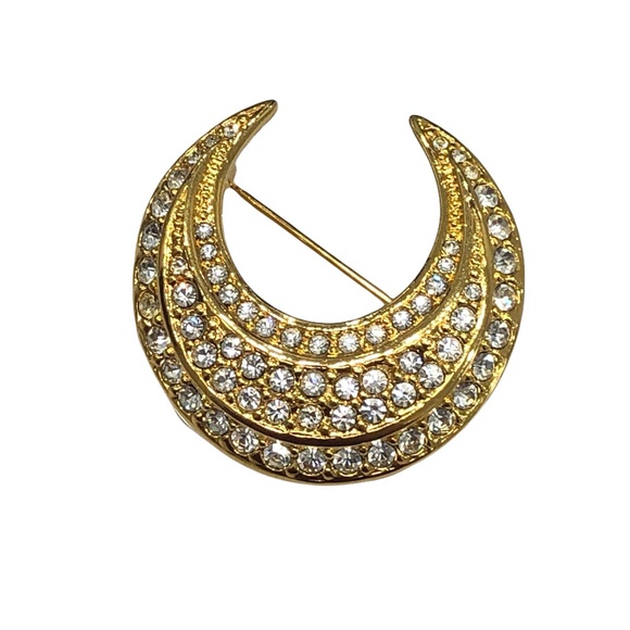 VINTAGE JOAN RIVERS GOLD & CLEAR CRYSTAL CRESCENT MOON BROOCH - Picture 7 of 16